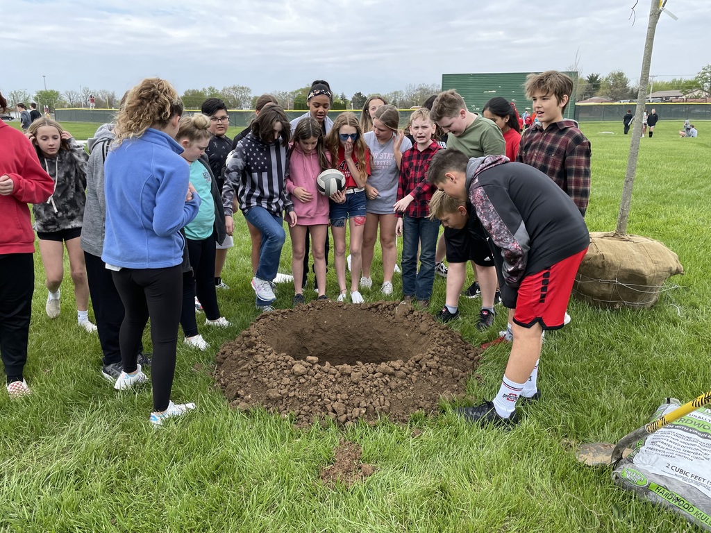 Students inspect the hole where a new tree will be planted.