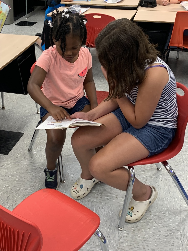 Fifth grader reading to a kindergarten student at summer school.  