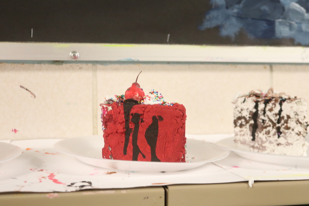 A piece of red velvet cake sculpted by a Broadway student.